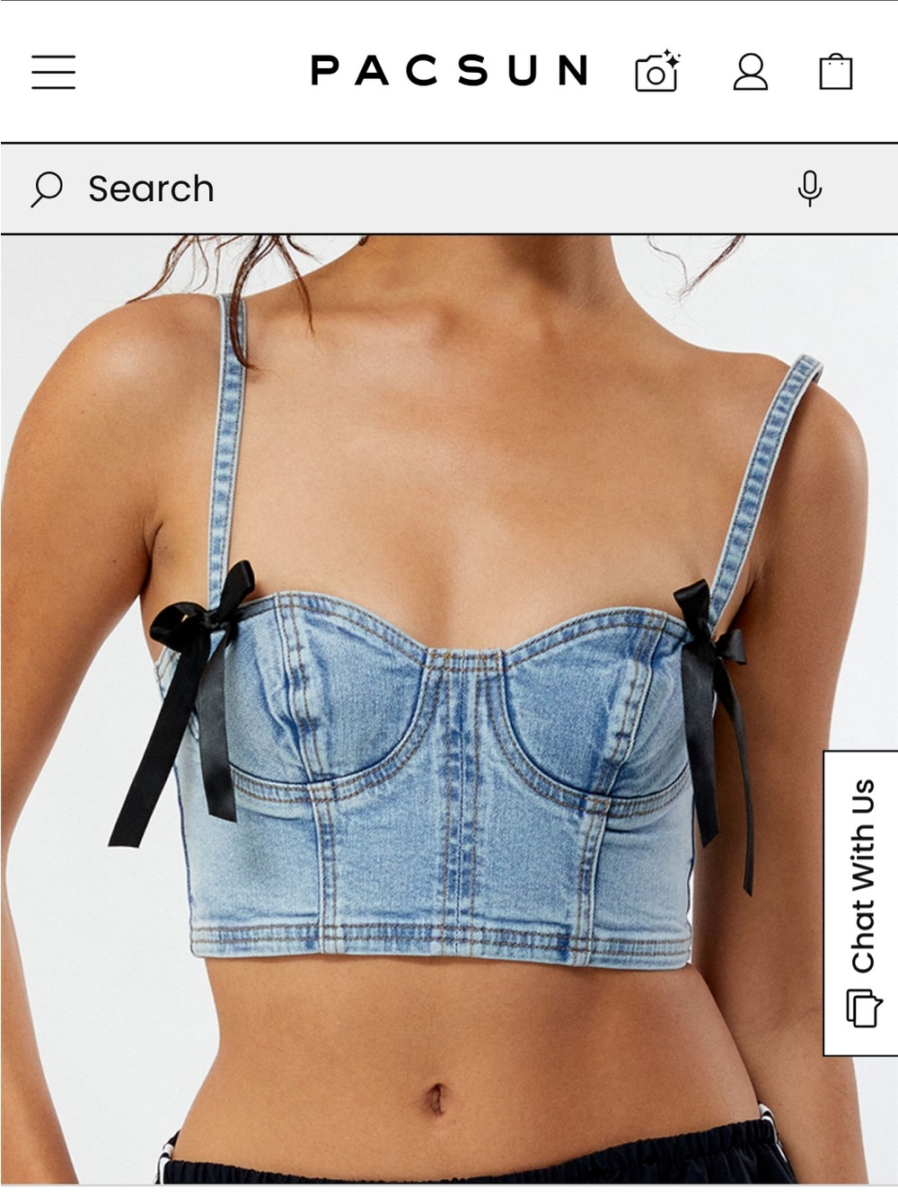PacSun Light Wash Denim Corset Crop Top with Black Bow Straps